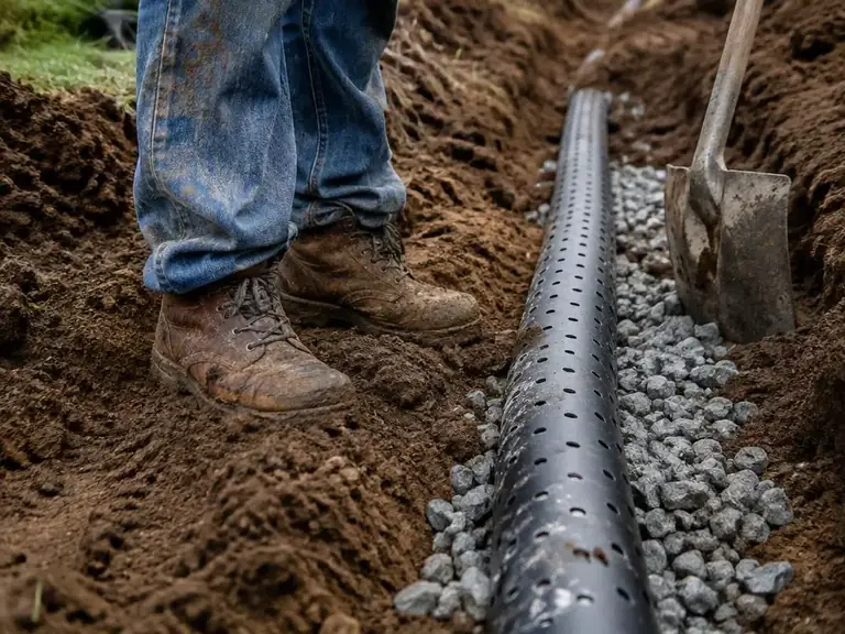 A perforated drain field pipe laid in a gravel trench in bare soil