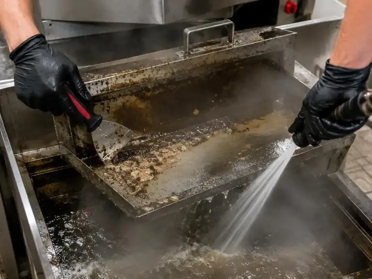 A gloved hand scraping grease from a stainless steel grease trap under running water