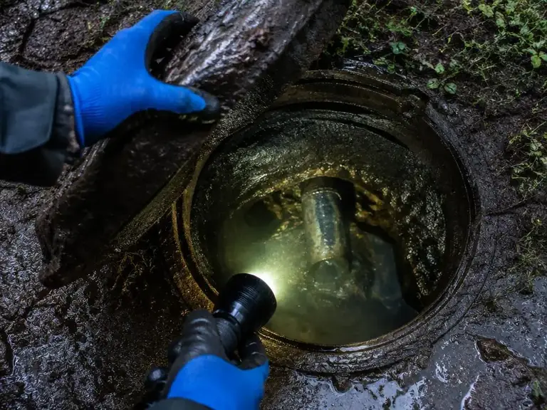 A technician shining a flashlight into an open septic tank to check the liquid level