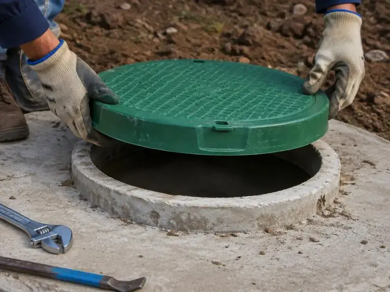 Gloved hands lifting a green tank lid off a concrete riser, with a wrench on the ground