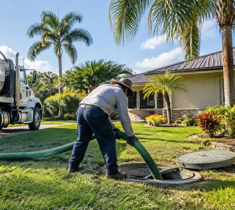 A septic tank pumping technician guiding a hose into an open tank lid on a front lawn, with a vacuum truck parked behind