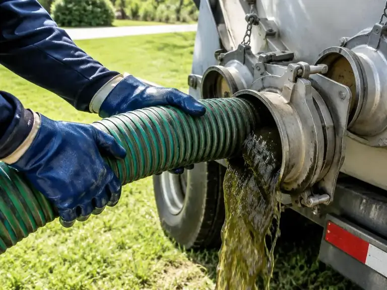 A corrugated hose on a vacuum truck discharging during a septic tank pumpout